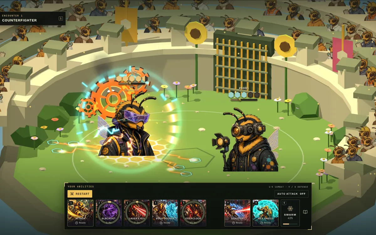 The Arena: two HivePunkz duelling in a ring with a row of skills along the bottom