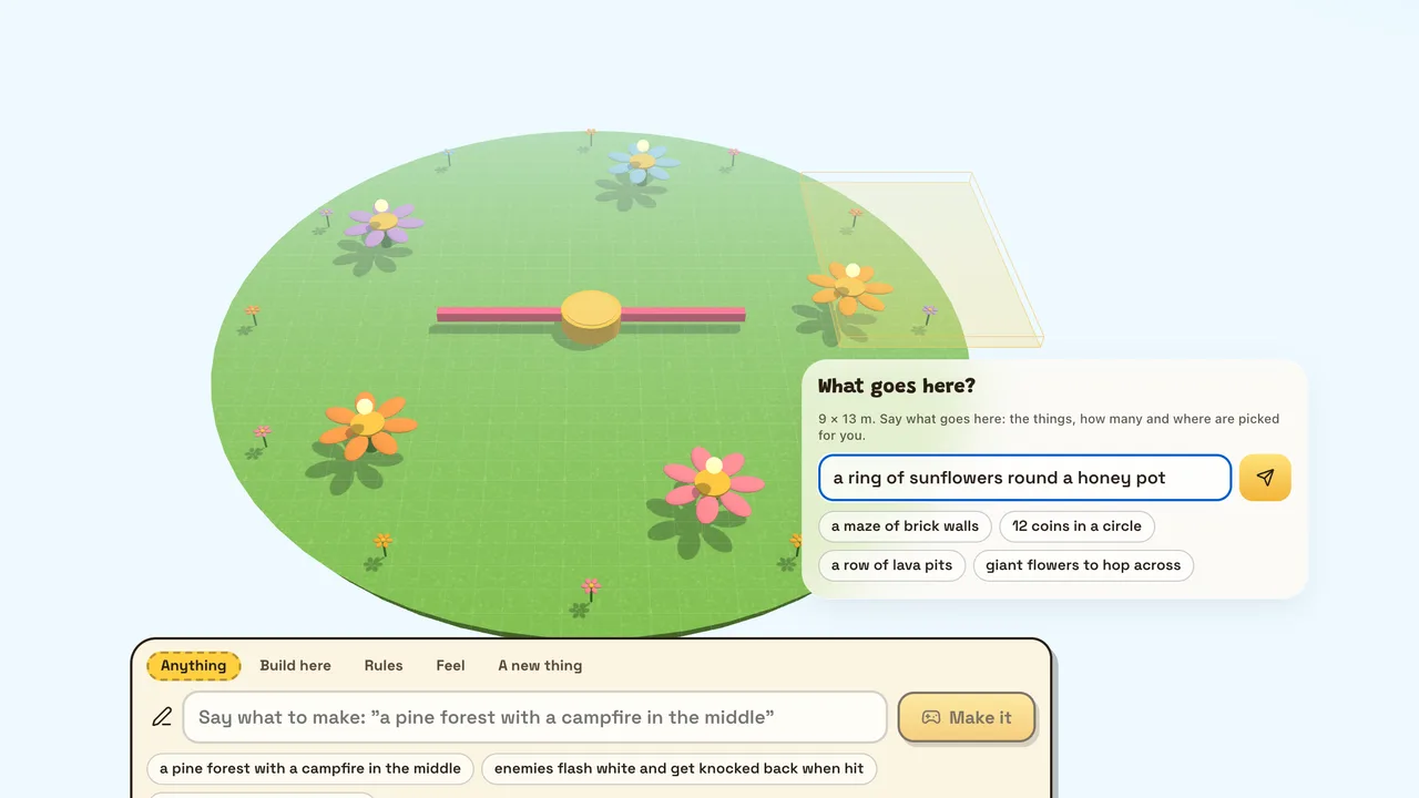 The Game Maker: a spot dragged out on a meadow of giant flowers, asking what goes there