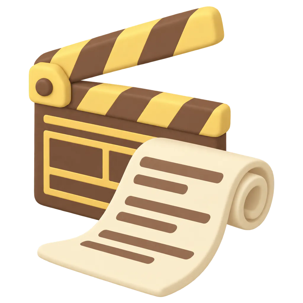 A film clapperboard beside a strip of paper with a video's transcript written on it