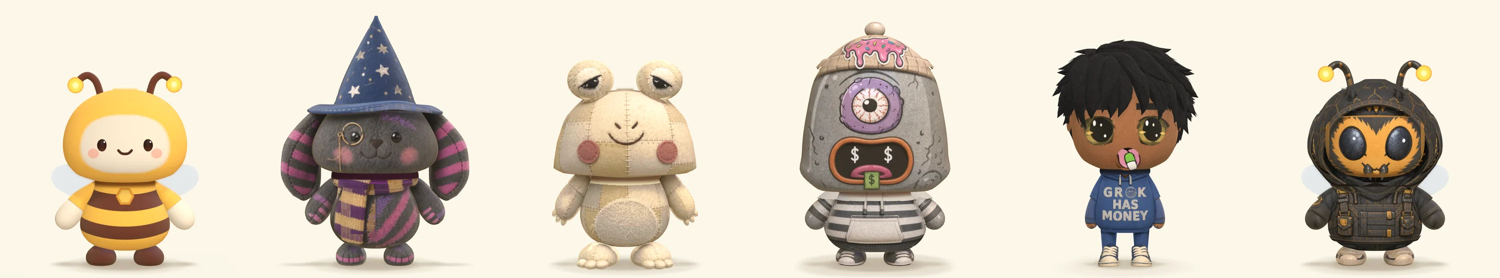 Six 3D characters side by side: a yellow bee, a grey bunny in a wizard hat, a patchwork frog, a stone head with one eye, a boy in a blue hoodie and a hooded HivePunk bee