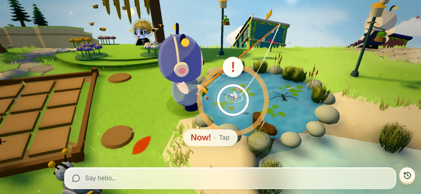 HiveVerse on a phone held sideways: a bee fishing at the garden pond, close up, the moment a fish bites. A ring and an exclamation mark sit over the float, and the card under it says Now! Tap
