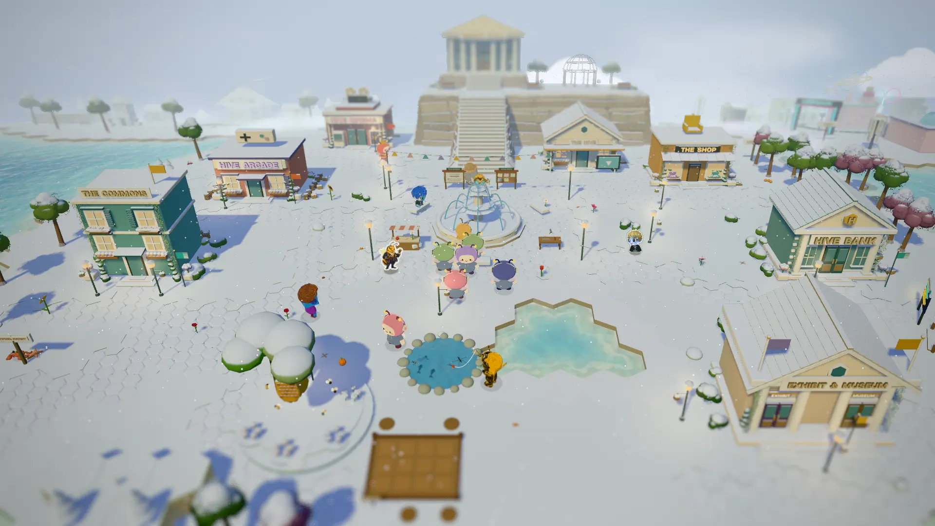 The same square in winter, every roof and path under snow