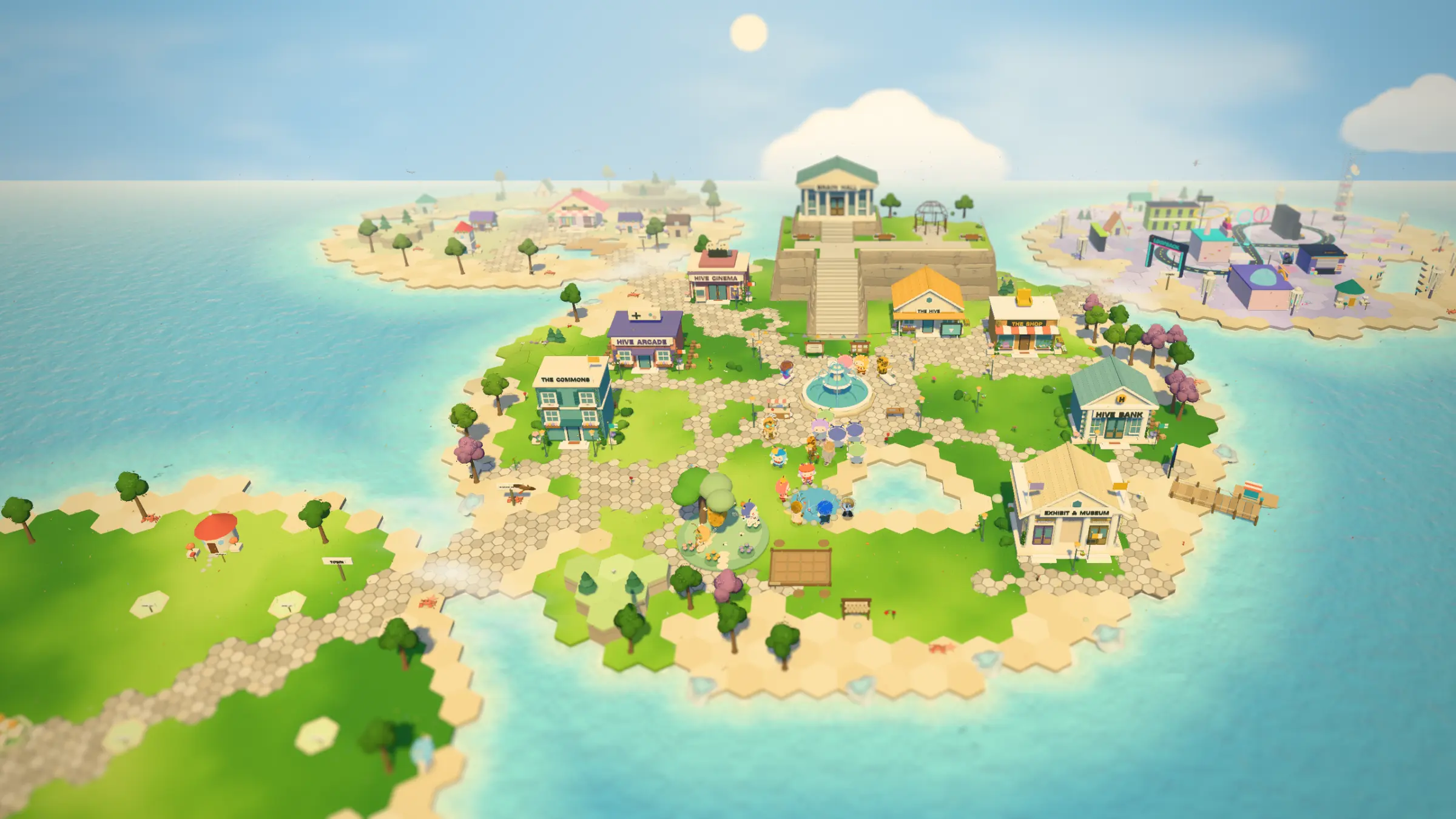 The HiveVerse island from above: a town square, homes, beaches and the sea