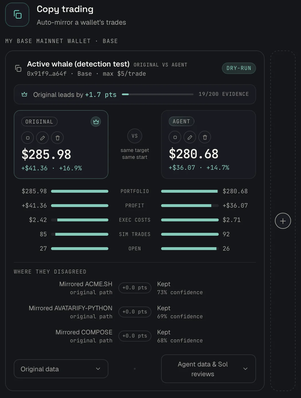HivemindOS Copy trading dry run comparing the original wallet and agent portfolios, profits, execution costs, simulated trades, open positions, evidence, and disagreements