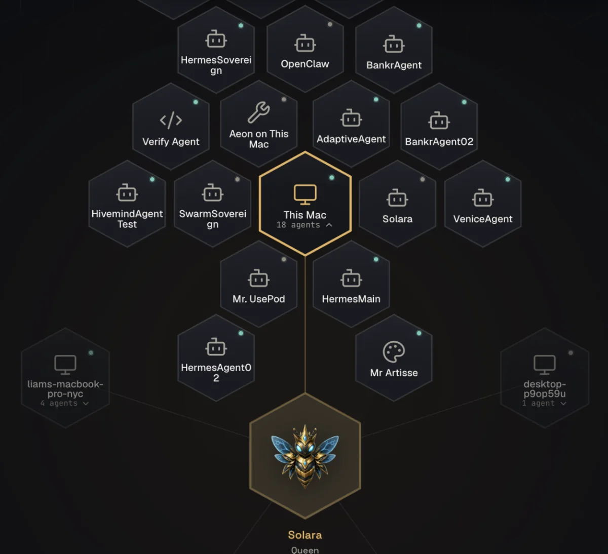 HivemindOS fleet view showing agents on this Mac and connected computers