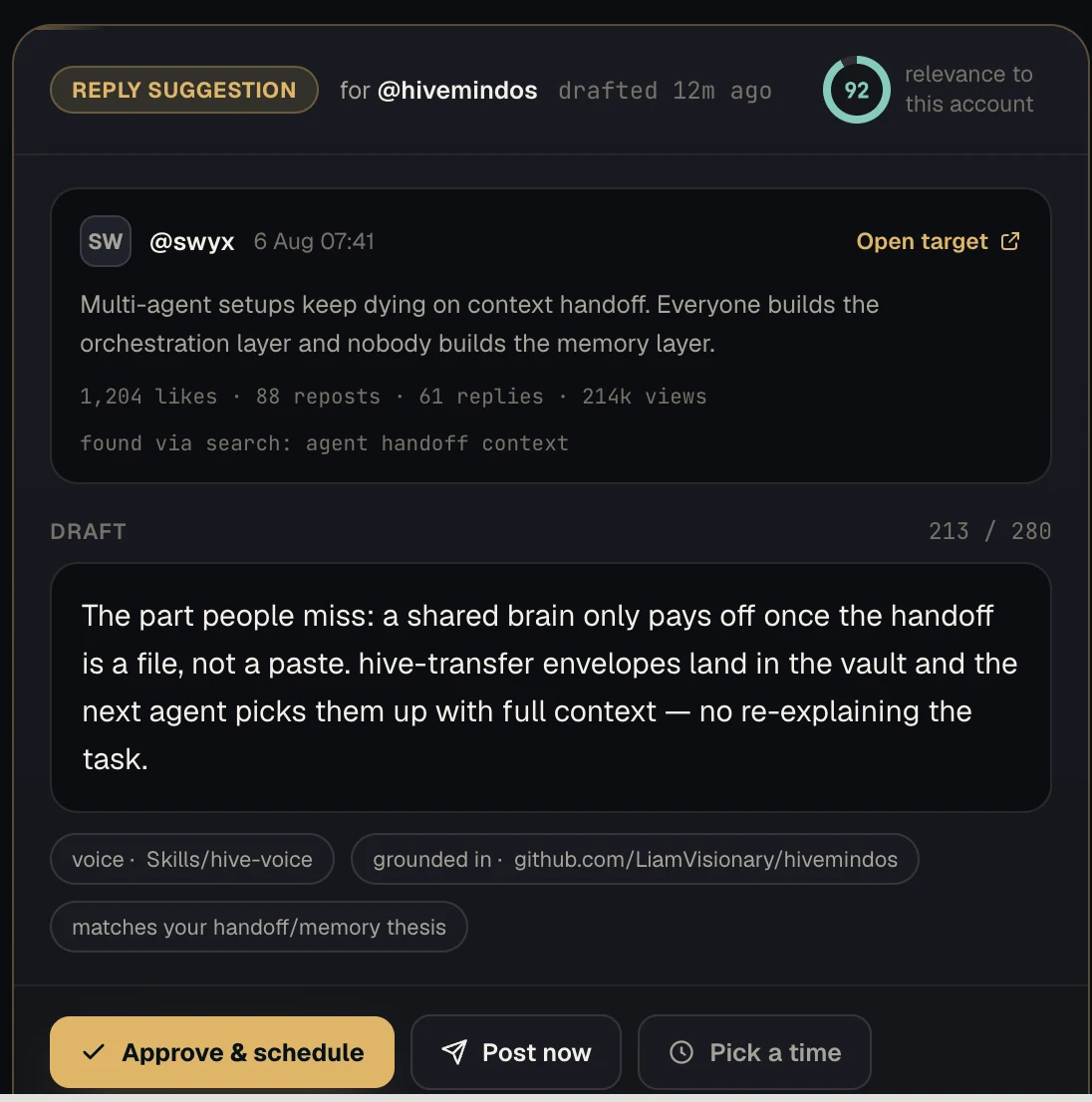 HivemindOS Socials review card showing a source post, a complete drafted reply, relevance evidence, and approval controls
