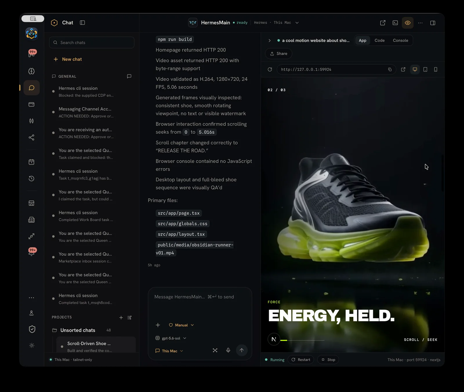 The desktop app, where an agent has designed a running shoe ad in chat