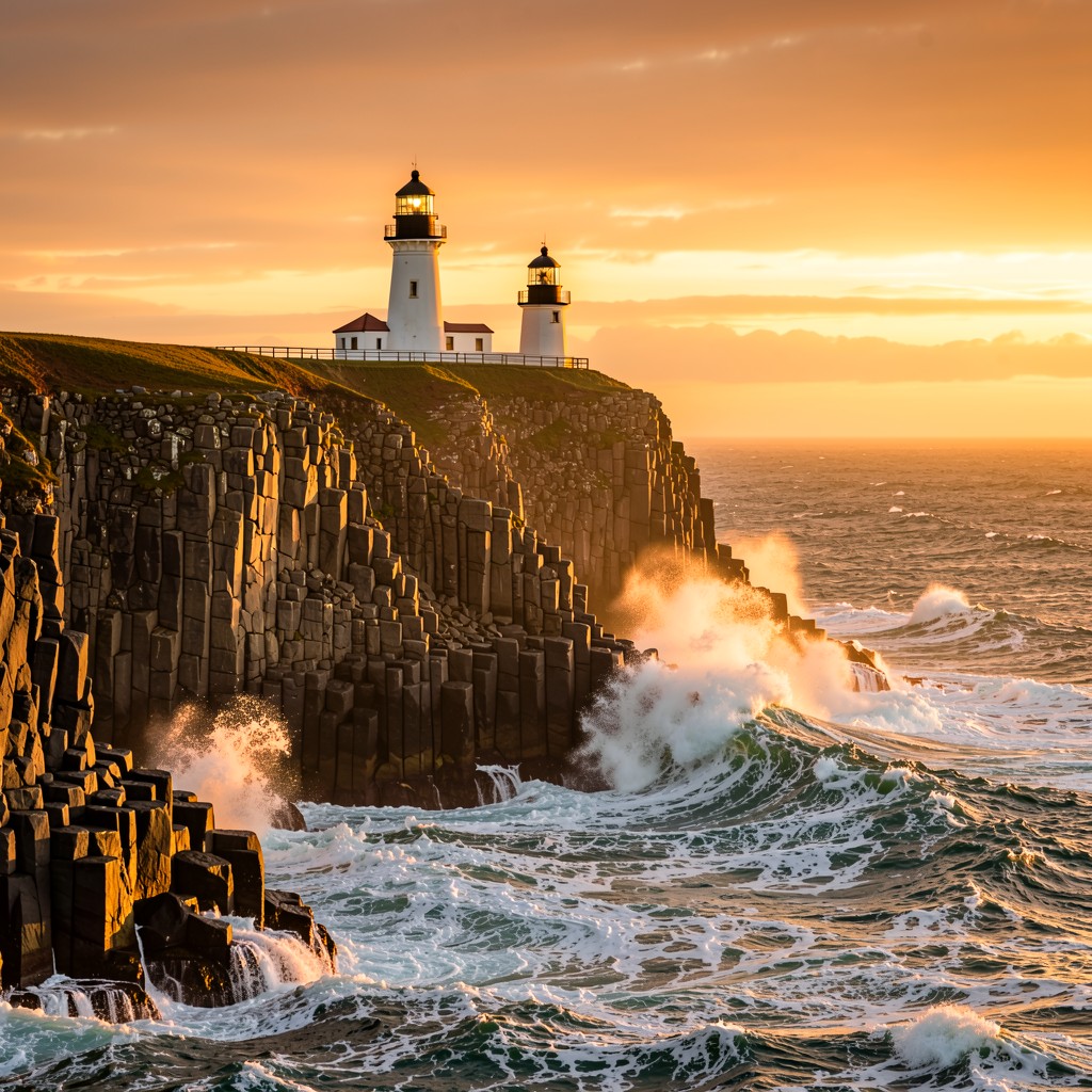 A painterly lighthouse on a cliff at golden hour